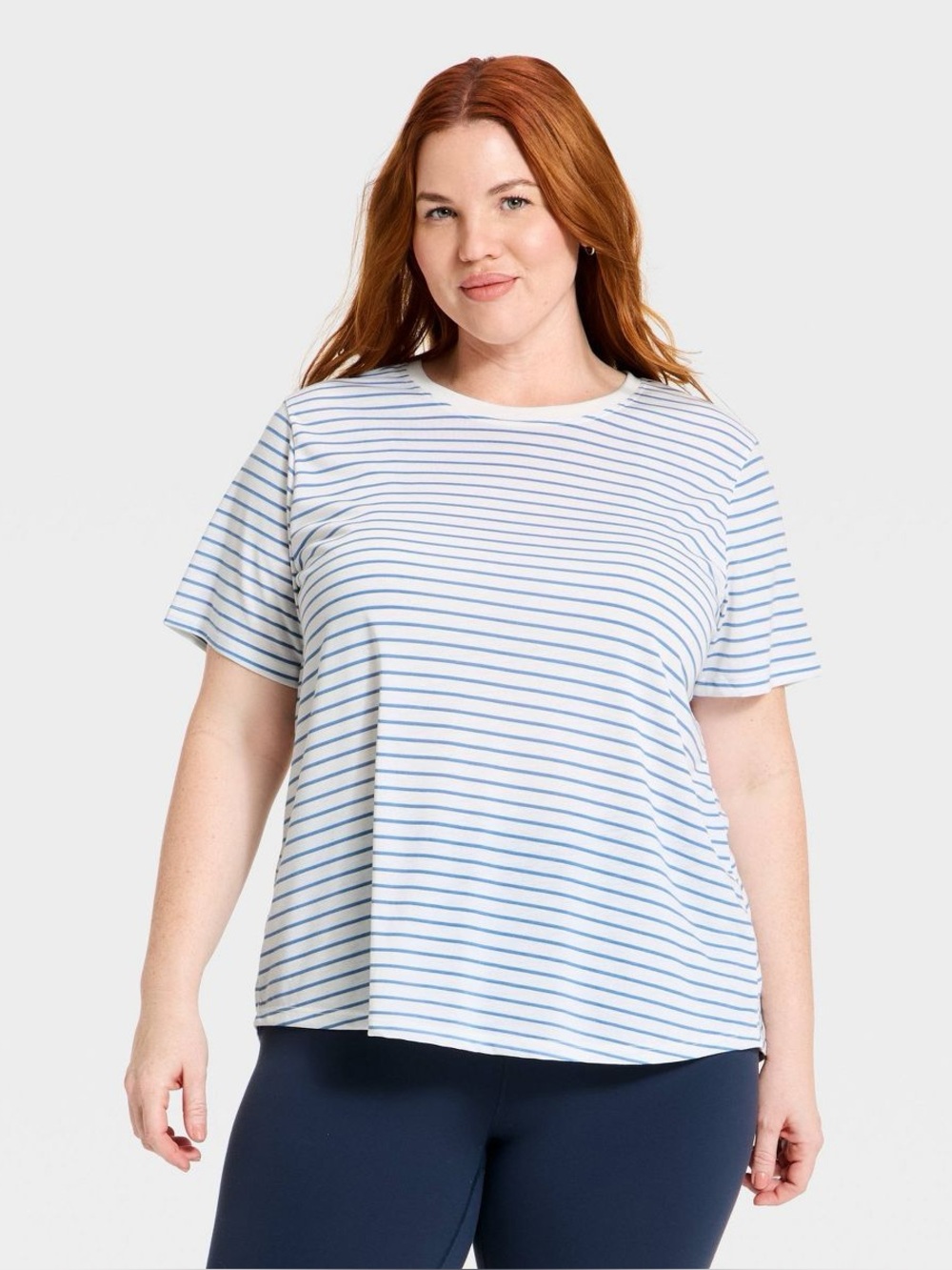 Women's Beyond Ease Crewneck Friendly Short Sleeve T-Shirt-Navy Blue Stripe